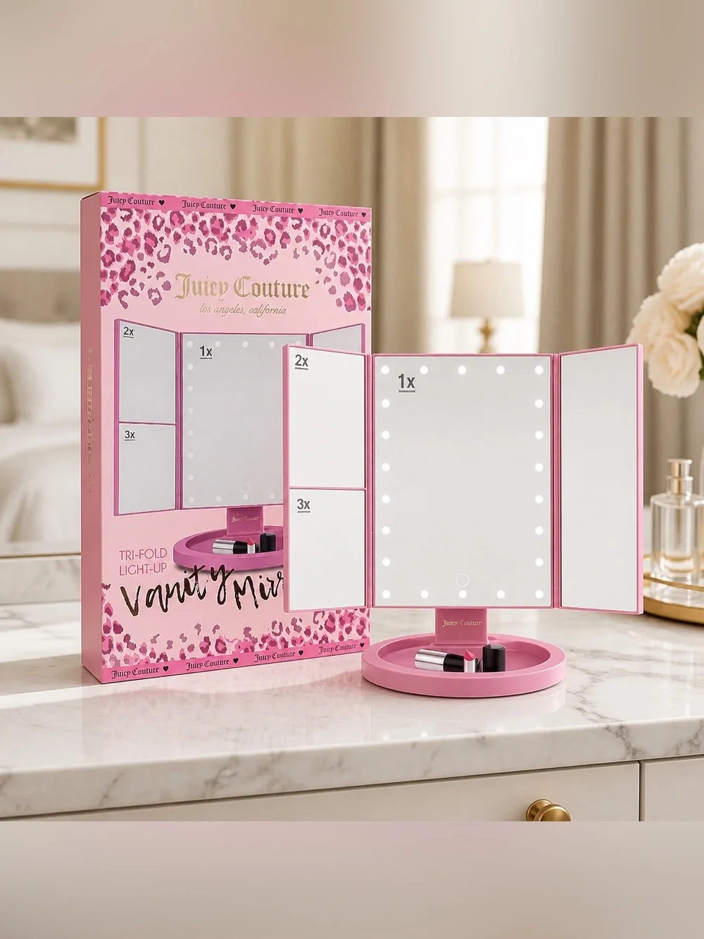 Juicy Couture Pink Tri-Fold Vanity Mirror with Makeup Tray